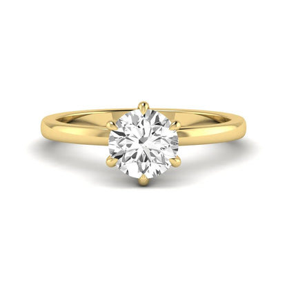 Round cut lab grown diamond solitaire engagement ring with hidden halo and six-prong setting in a yellow gold tone design.