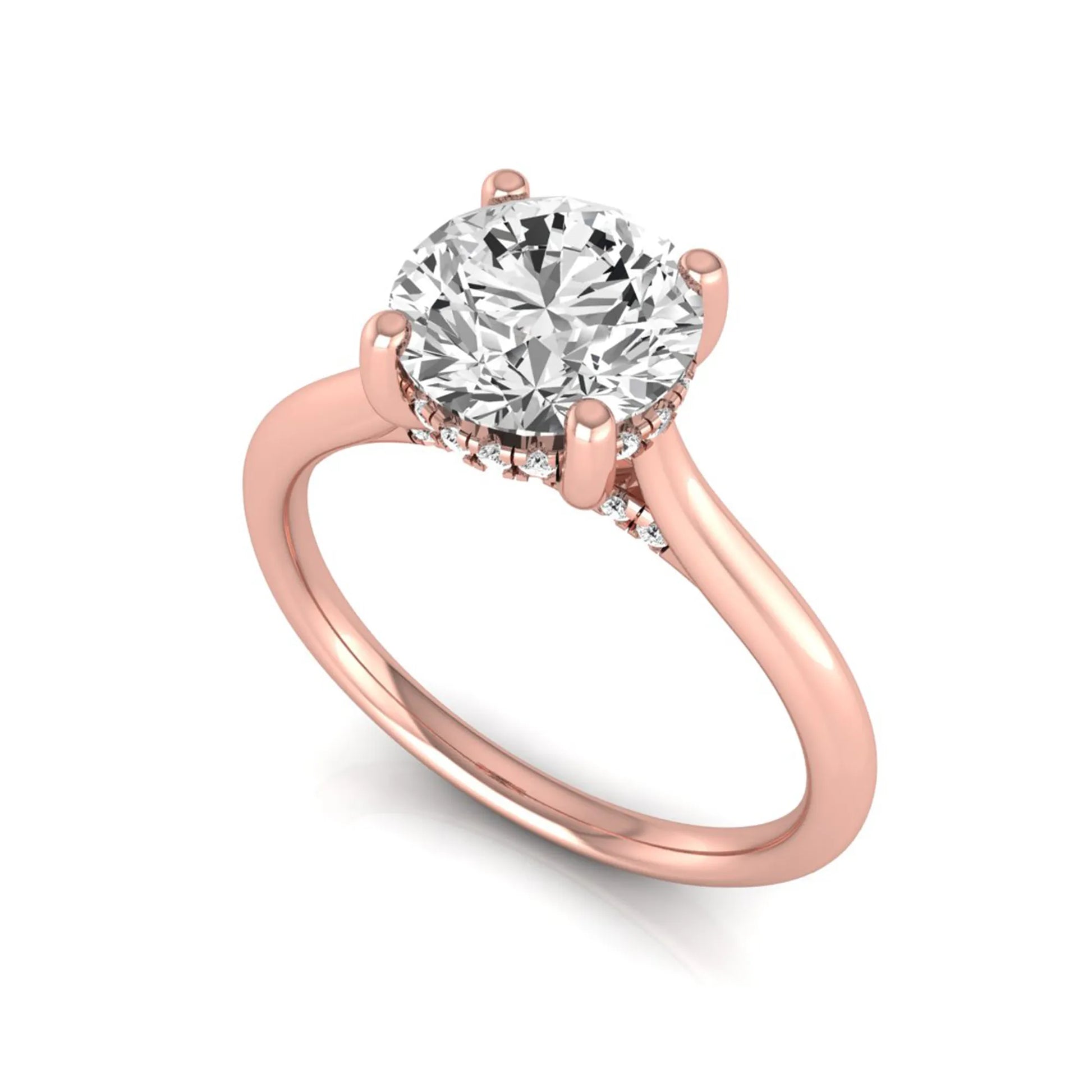 Round hidden halo lab grown diamond solitaire engagement ring featuring a 2.04 carat IGI certified round diamond in a four-prong setting with a polished rose gold band.