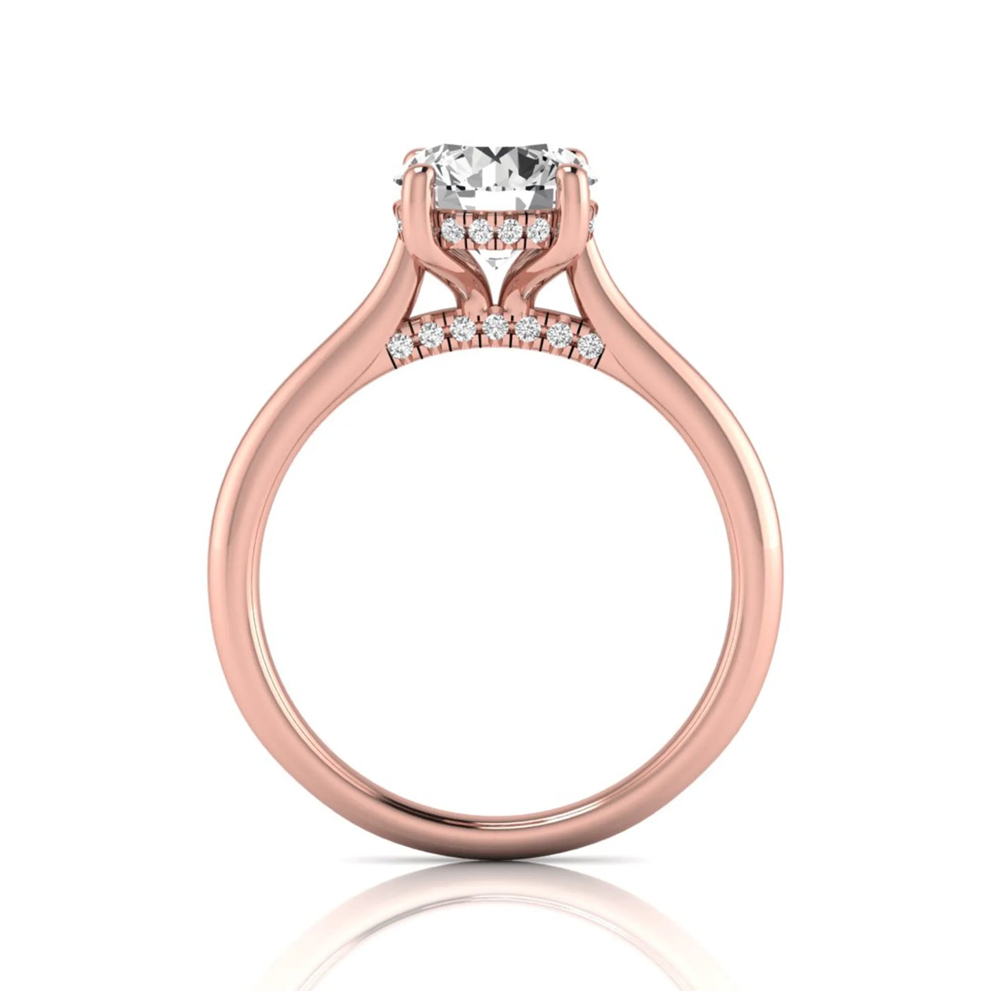 Round hidden halo lab grown diamond solitaire engagement ring featuring a 2.04 carat IGI certified round diamond in a four-prong setting with a polished rose gold band.