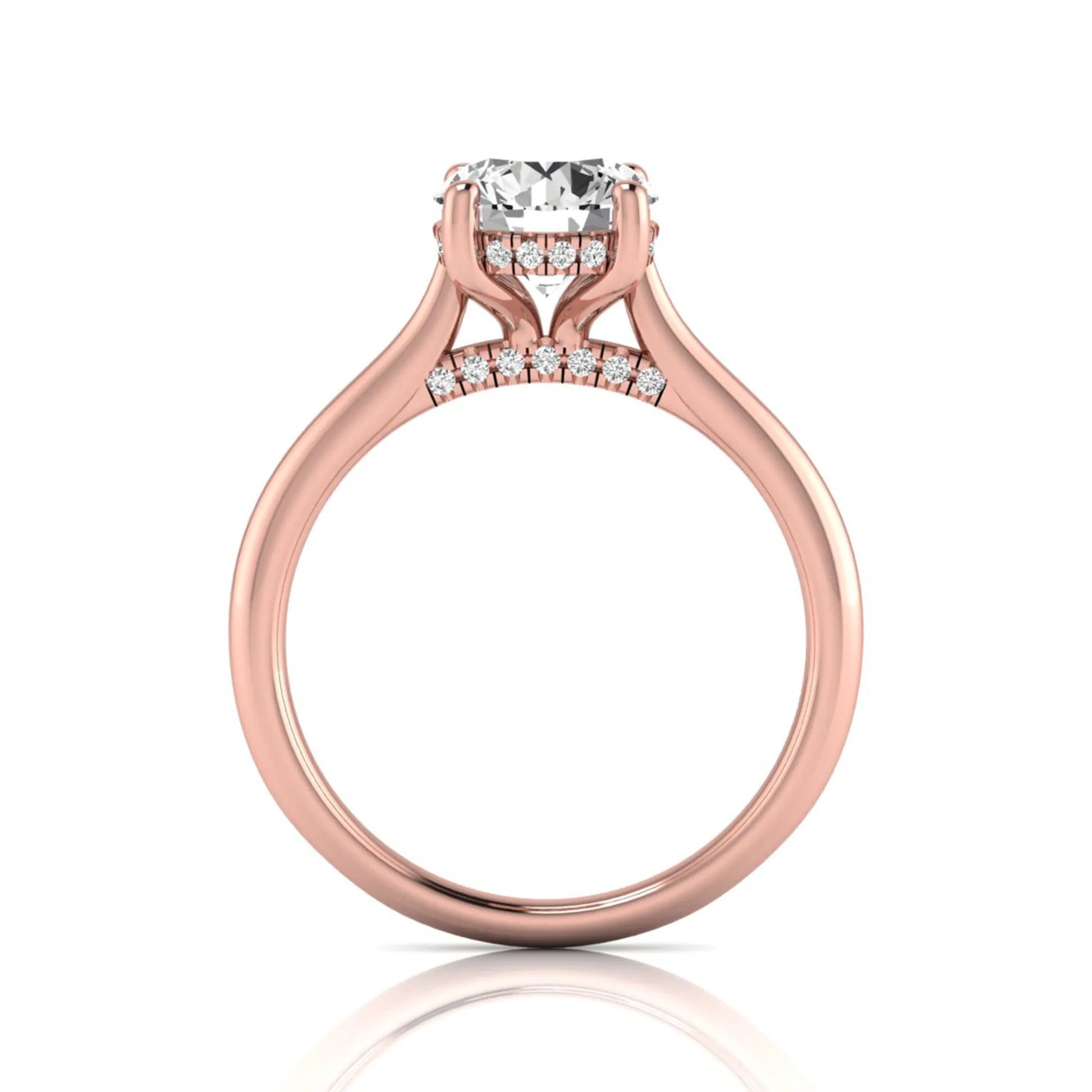 Round hidden halo lab grown diamond solitaire engagement ring featuring a 2.04 carat IGI certified round diamond in a four-prong setting with a polished rose gold band.