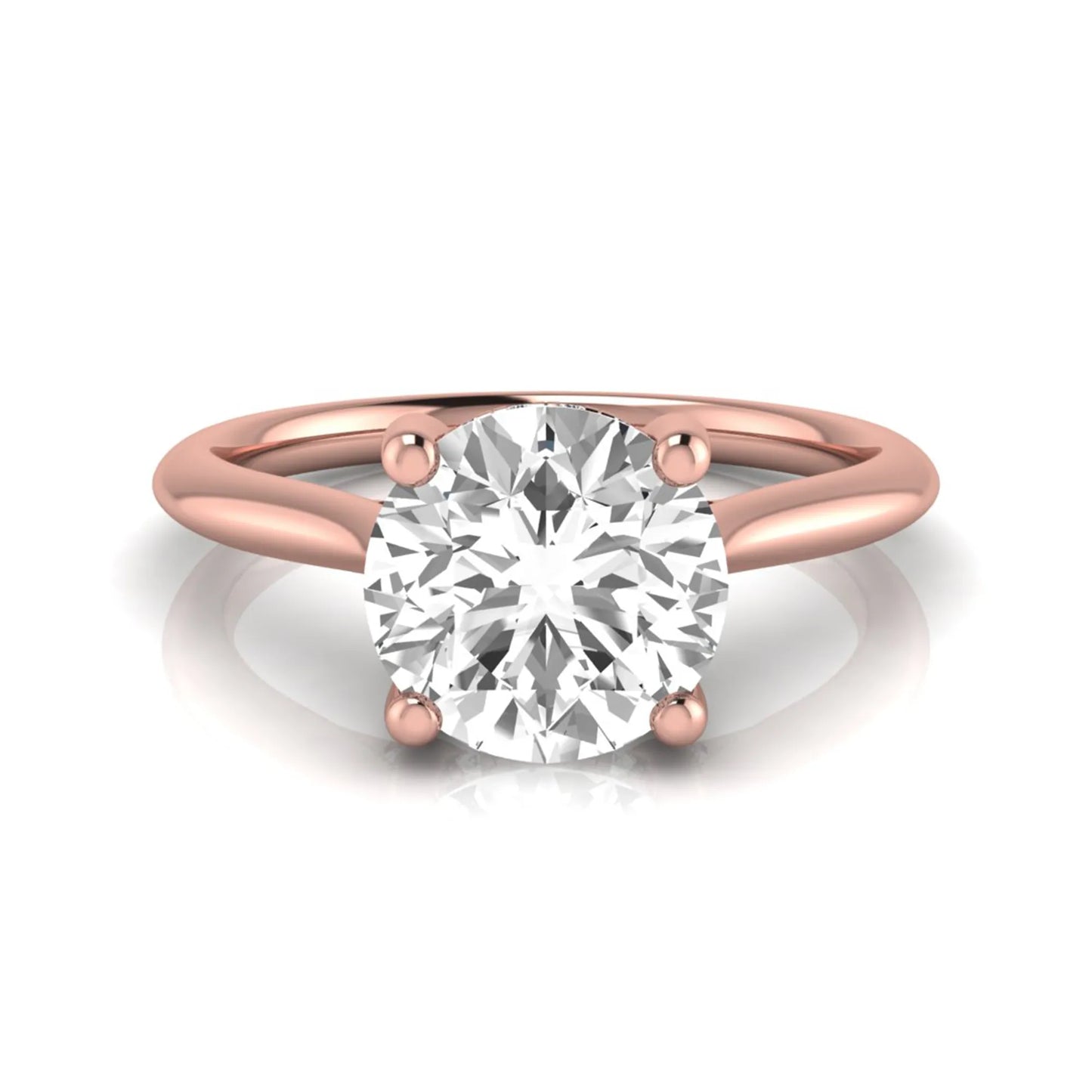 Round hidden halo lab grown diamond solitaire engagement ring featuring a 2.04 carat IGI certified round diamond in a four-prong setting with a polished rose gold band.