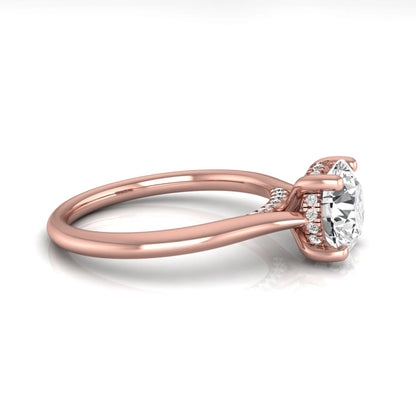 Round hidden halo lab grown diamond solitaire engagement ring featuring a 2.04 carat IGI certified round diamond in a four-prong setting with a polished rose gold band.