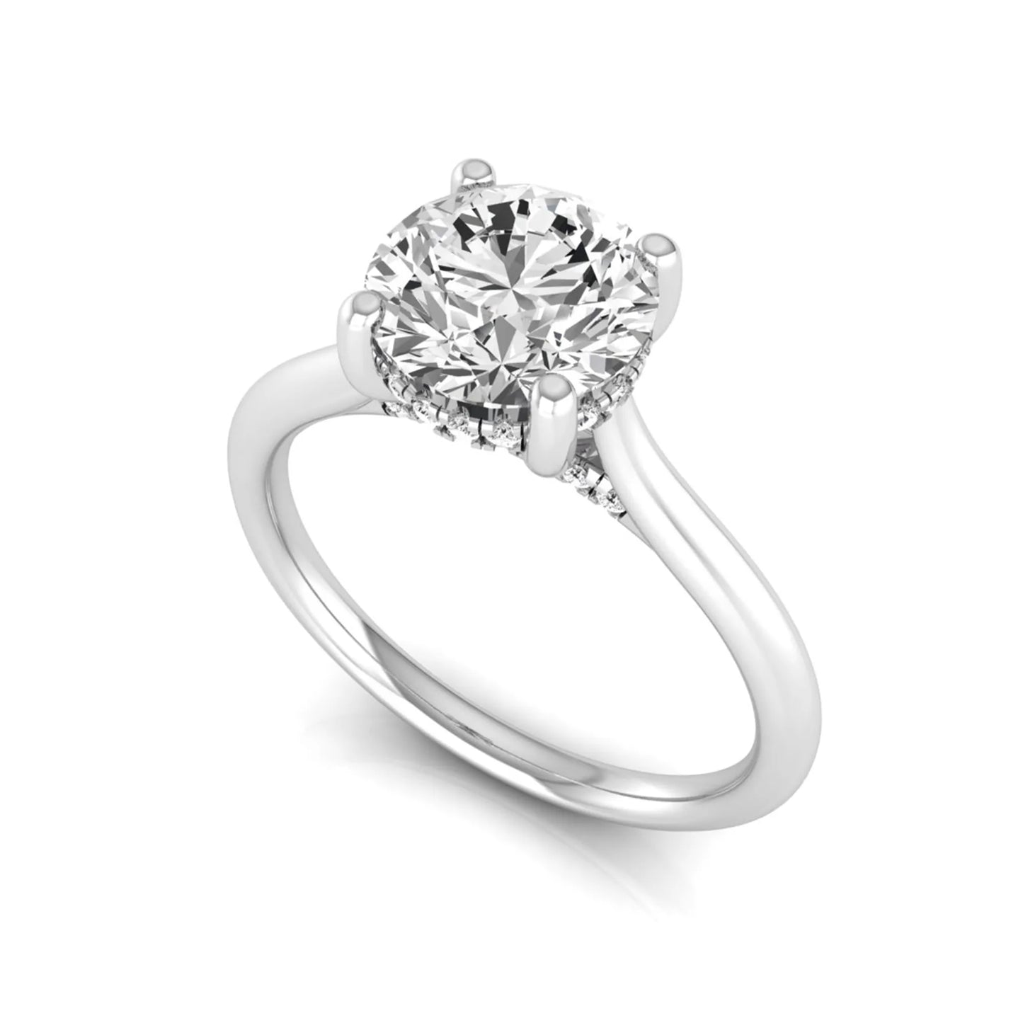 Round hidden halo lab grown diamond solitaire engagement ring featuring a 2.04 carat IGI certified round diamond in a four-prong setting with a polished white gold band.