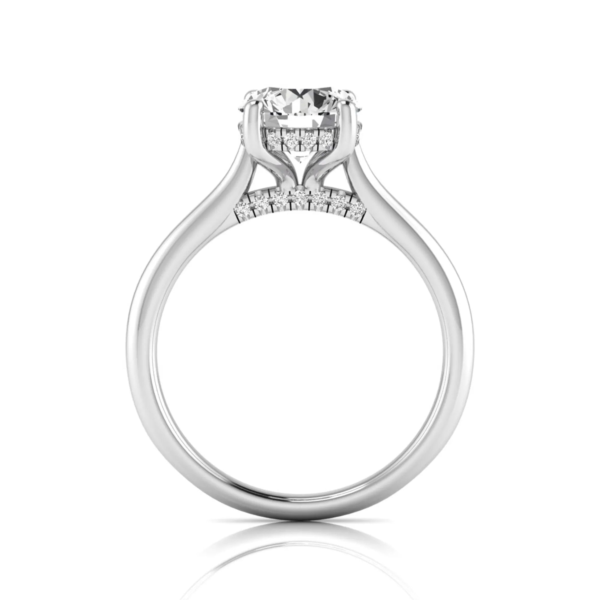Round hidden halo lab grown diamond solitaire engagement ring featuring a 2.04 carat IGI certified round diamond in a four-prong setting with a polished white gold band.