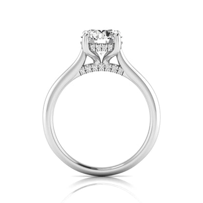 Round hidden halo lab grown diamond solitaire engagement ring featuring a 2.04 carat IGI certified round diamond in a four-prong setting with a polished white gold band.