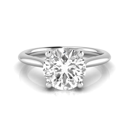 Round hidden halo lab grown diamond solitaire engagement ring featuring a 2.04 carat IGI certified round diamond in a four-prong setting with a polished white gold band.