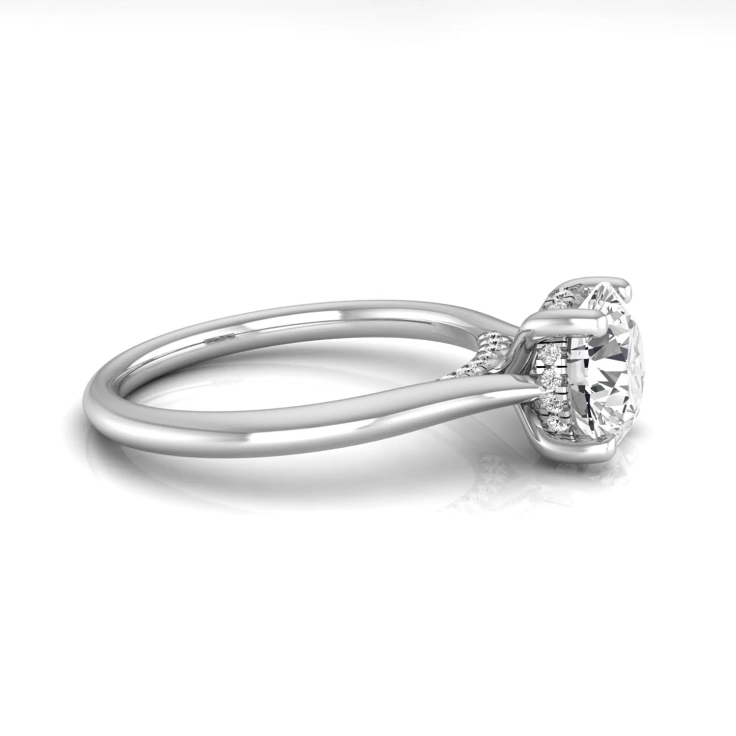 Round hidden halo lab grown diamond solitaire engagement ring featuring a 2.04 carat IGI certified round diamond in a four-prong setting with a polished white gold band.