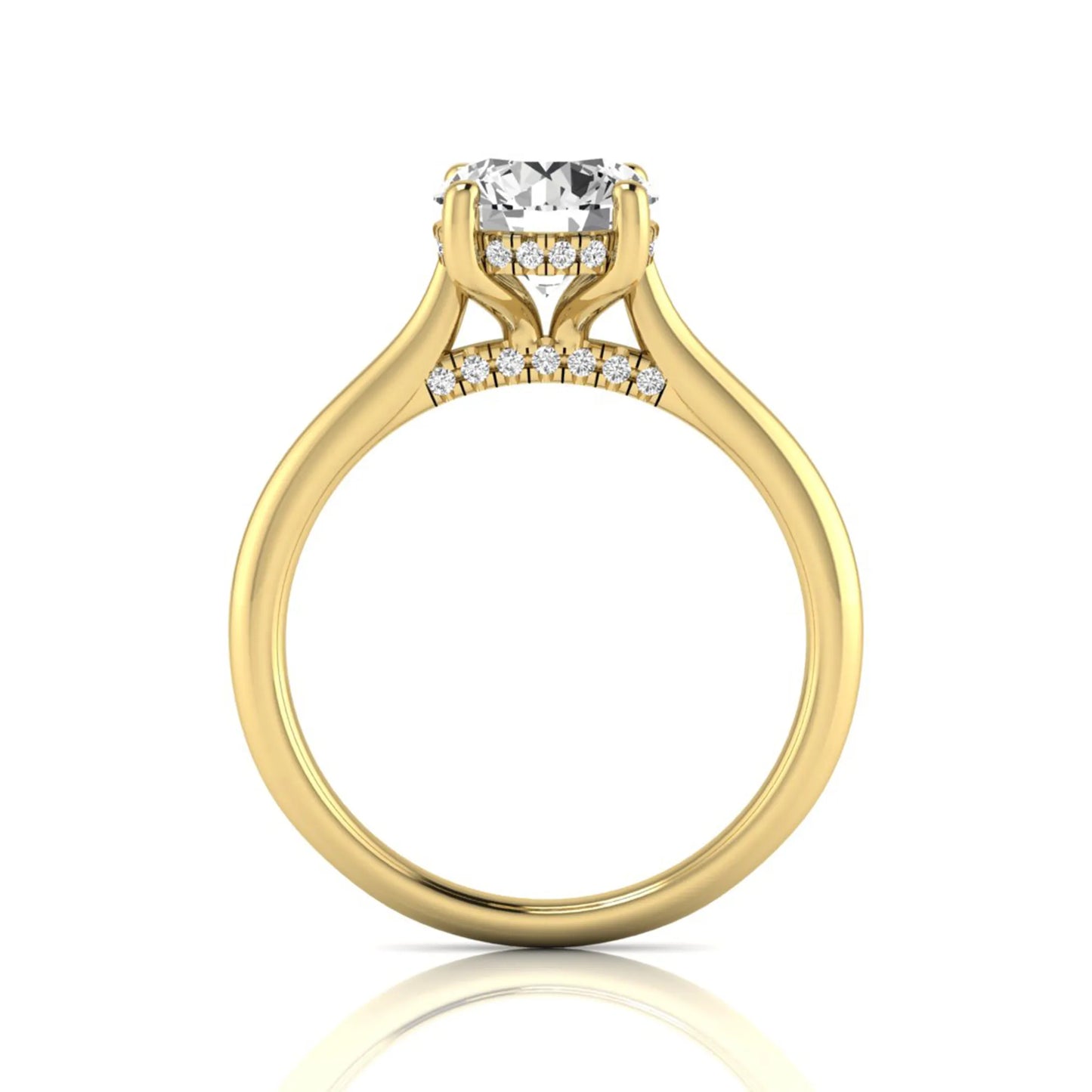 Round hidden halo lab grown diamond solitaire engagement ring featuring a 2.04 carat IGI certified round diamond in a four-prong setting with a polished yellow gold band.