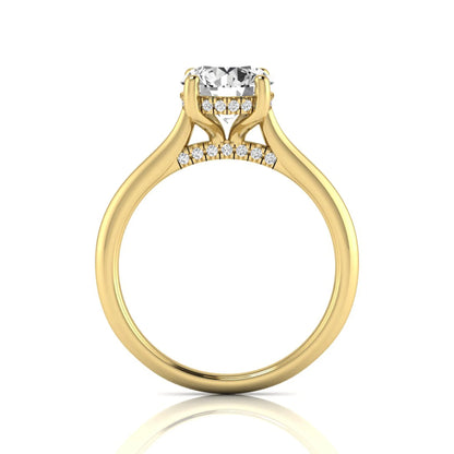 Round hidden halo lab grown diamond solitaire engagement ring featuring a 2.04 carat IGI certified round diamond in a four-prong setting with a polished yellow gold band.