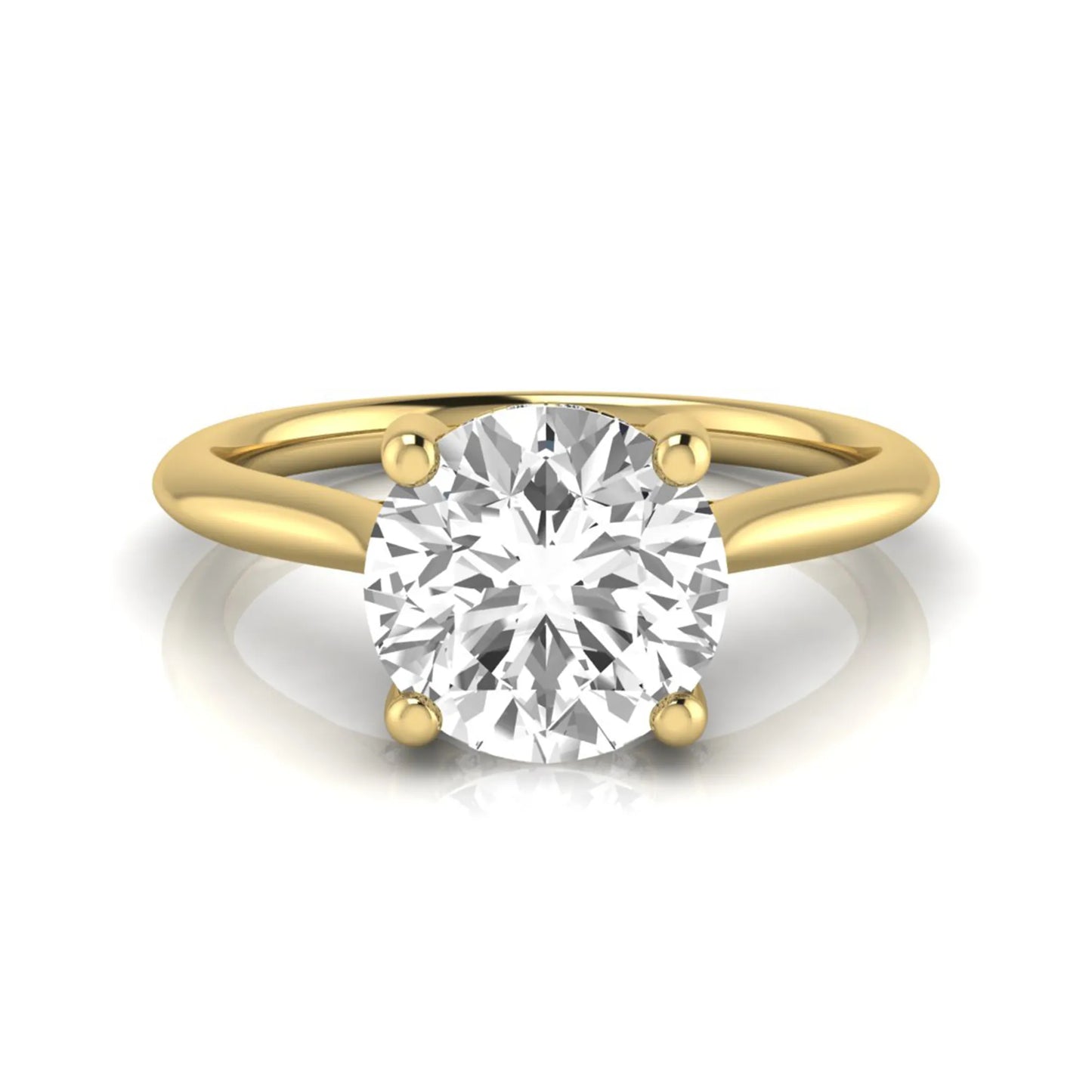 Round hidden halo lab grown diamond solitaire engagement ring featuring a 2.04 carat IGI certified round diamond in a four-prong setting with a polished yellow gold band.