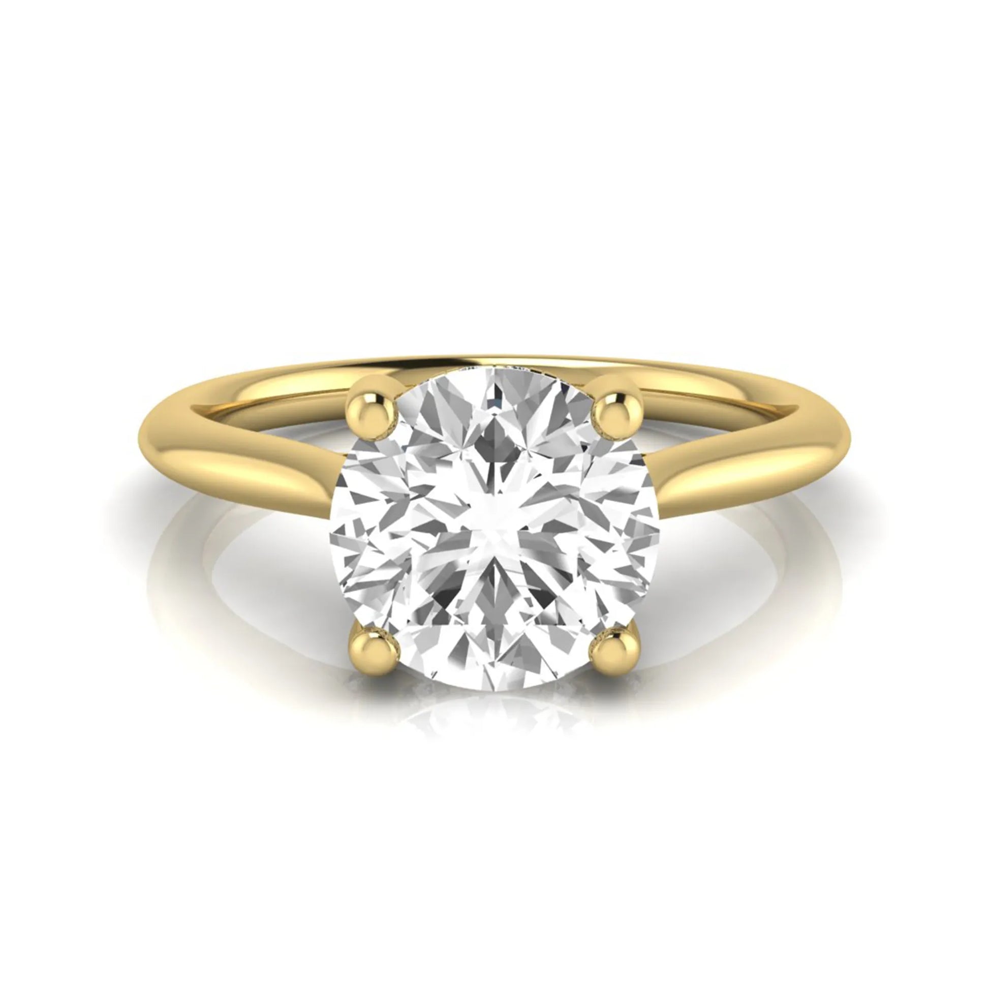 Round hidden halo lab grown diamond solitaire engagement ring featuring a 2.04 carat IGI certified round diamond in a four-prong setting with a polished yellow gold band.