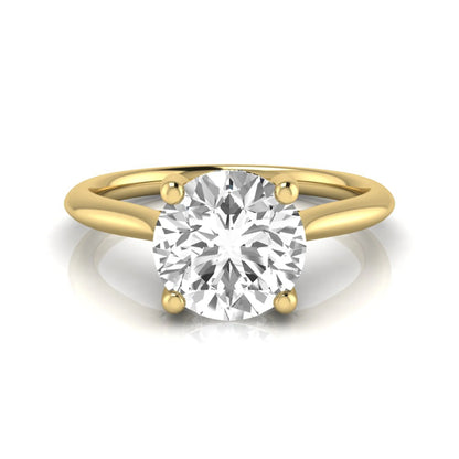 Round hidden halo lab grown diamond solitaire engagement ring featuring a 2.04 carat IGI certified round diamond in a four-prong setting with a polished yellow gold band.