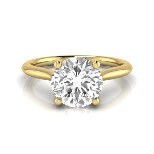 Round hidden halo lab grown diamond solitaire engagement ring featuring a 2.04 carat IGI certified round diamond in a four-prong setting with a polished yellow gold band.