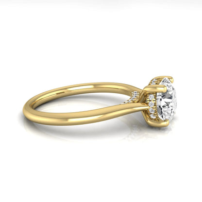 Round hidden halo lab grown diamond solitaire engagement ring featuring a 2.04 carat IGI certified round diamond in a four-prong setting with a polished yellow gold band.