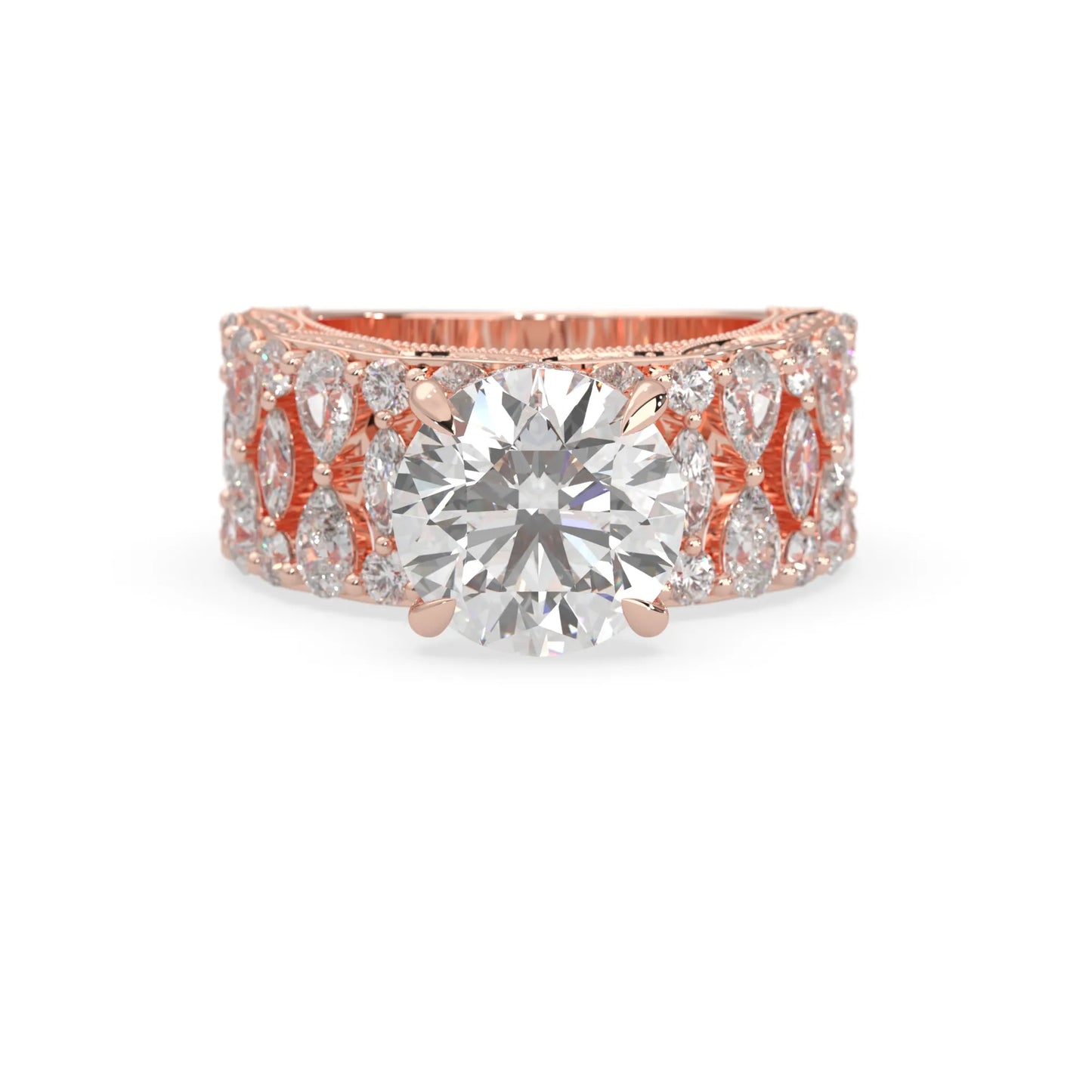 Round hidden halo vintage pave lab grown diamond engagement ring with 5 carat center diamond in rose gold