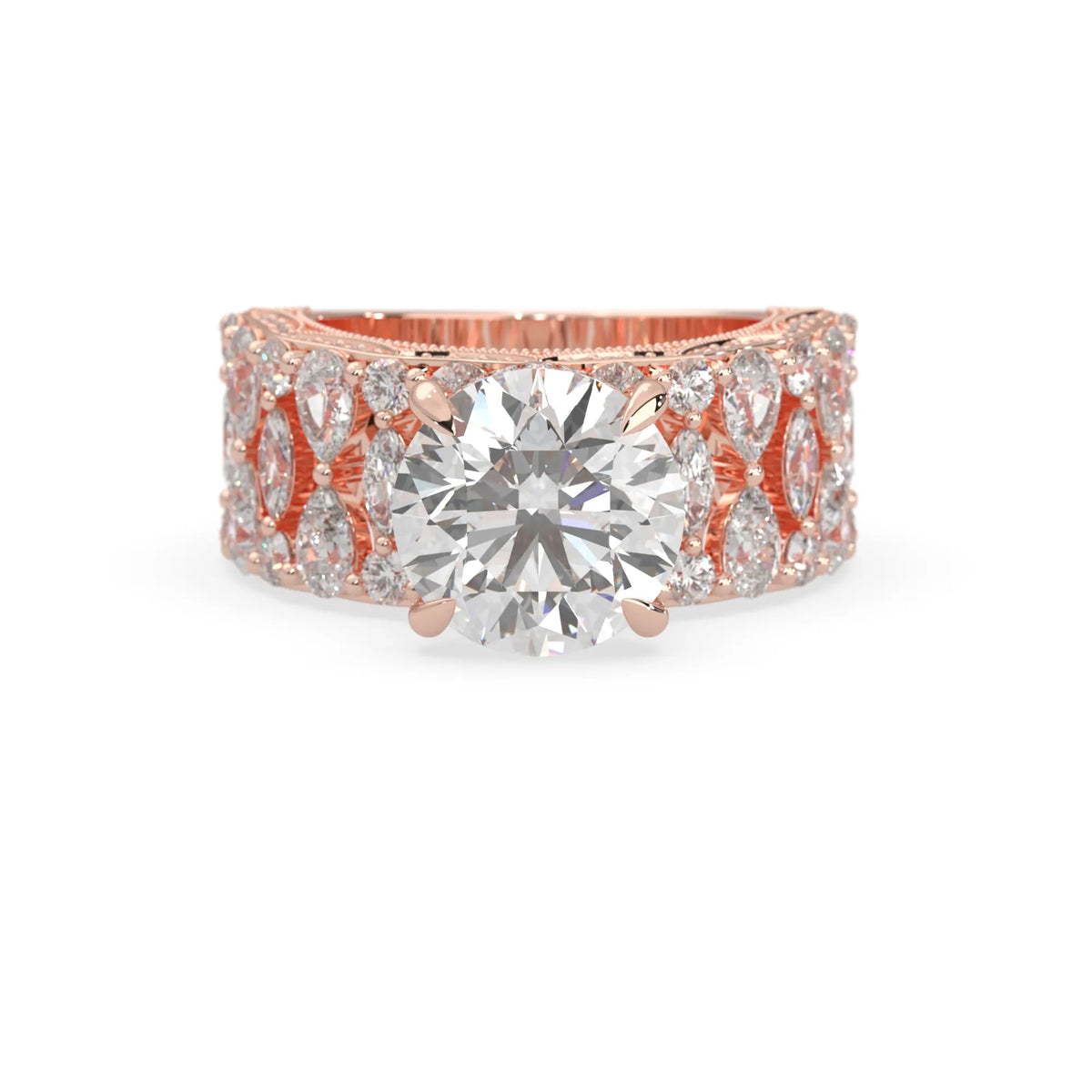 Round hidden halo vintage pave lab grown diamond engagement ring with 5 carat center diamond in rose gold