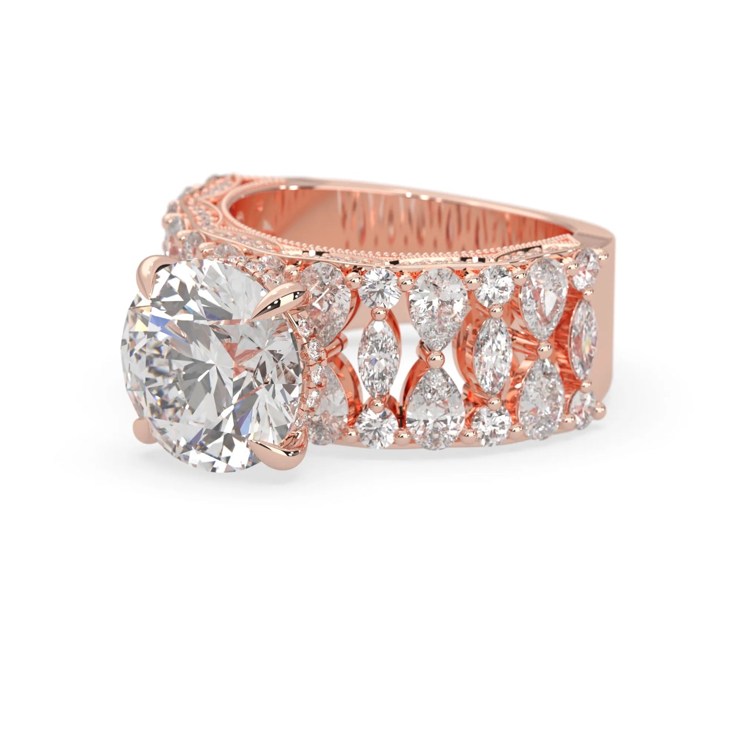Round hidden halo vintage pave lab grown diamond engagement ring with 5 carat center diamond in rose gold