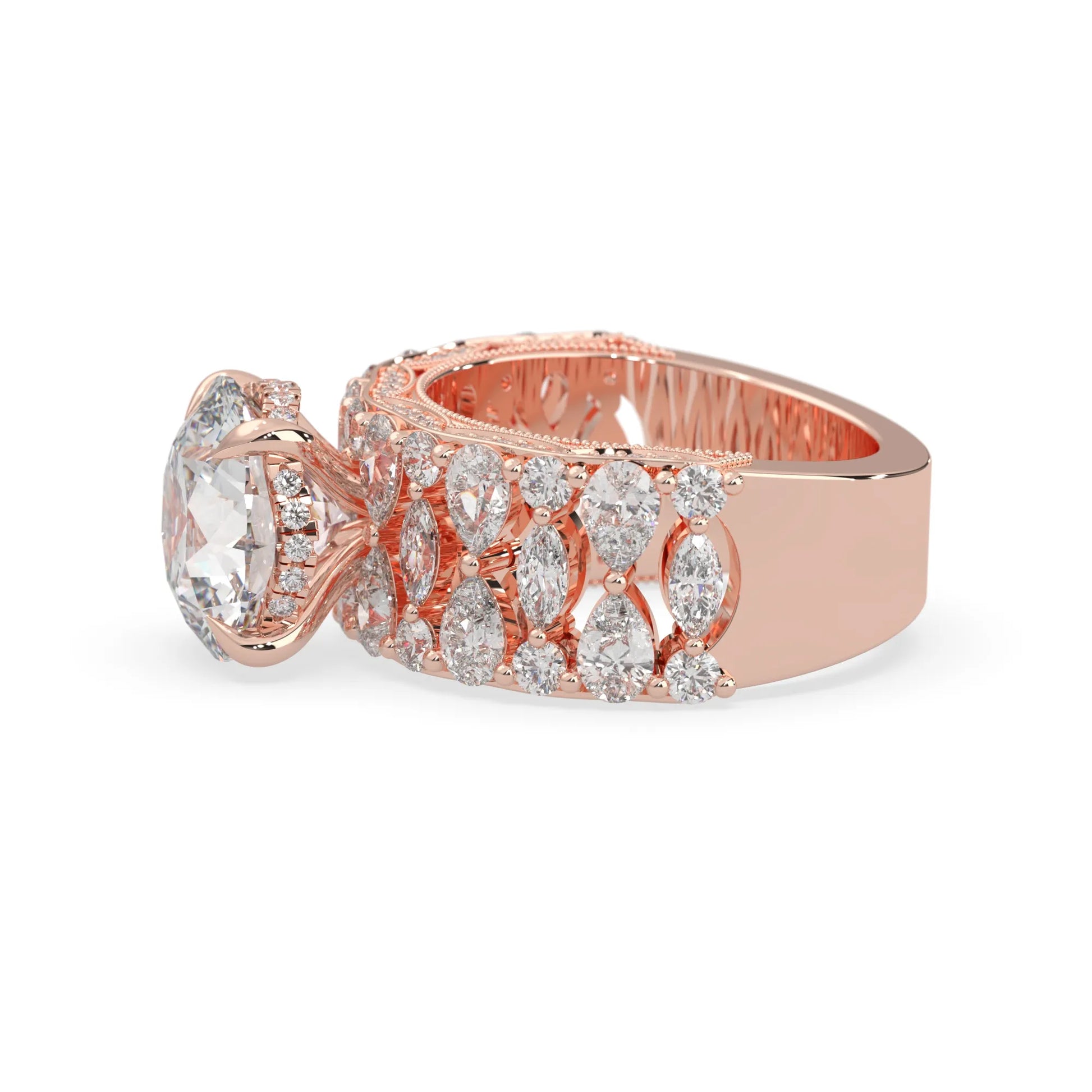 Round hidden halo vintage pave lab grown diamond engagement ring with 5 carat center diamond in rose gold