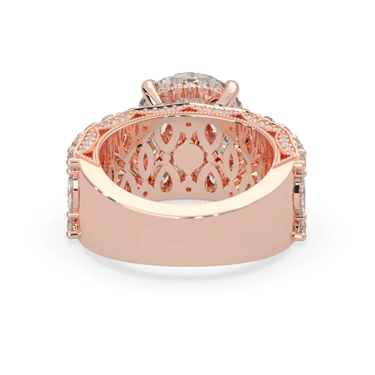 Round hidden halo vintage pave lab grown diamond engagement ring with 5 carat center diamond in rose gold