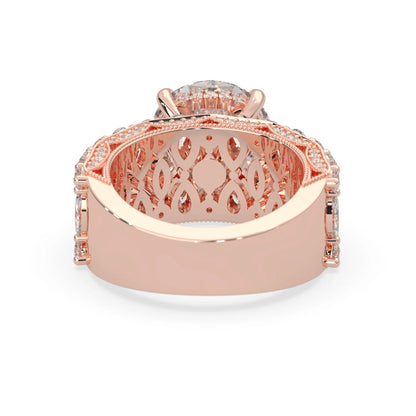Round hidden halo vintage pave lab grown diamond engagement ring with 5 carat center diamond in rose gold