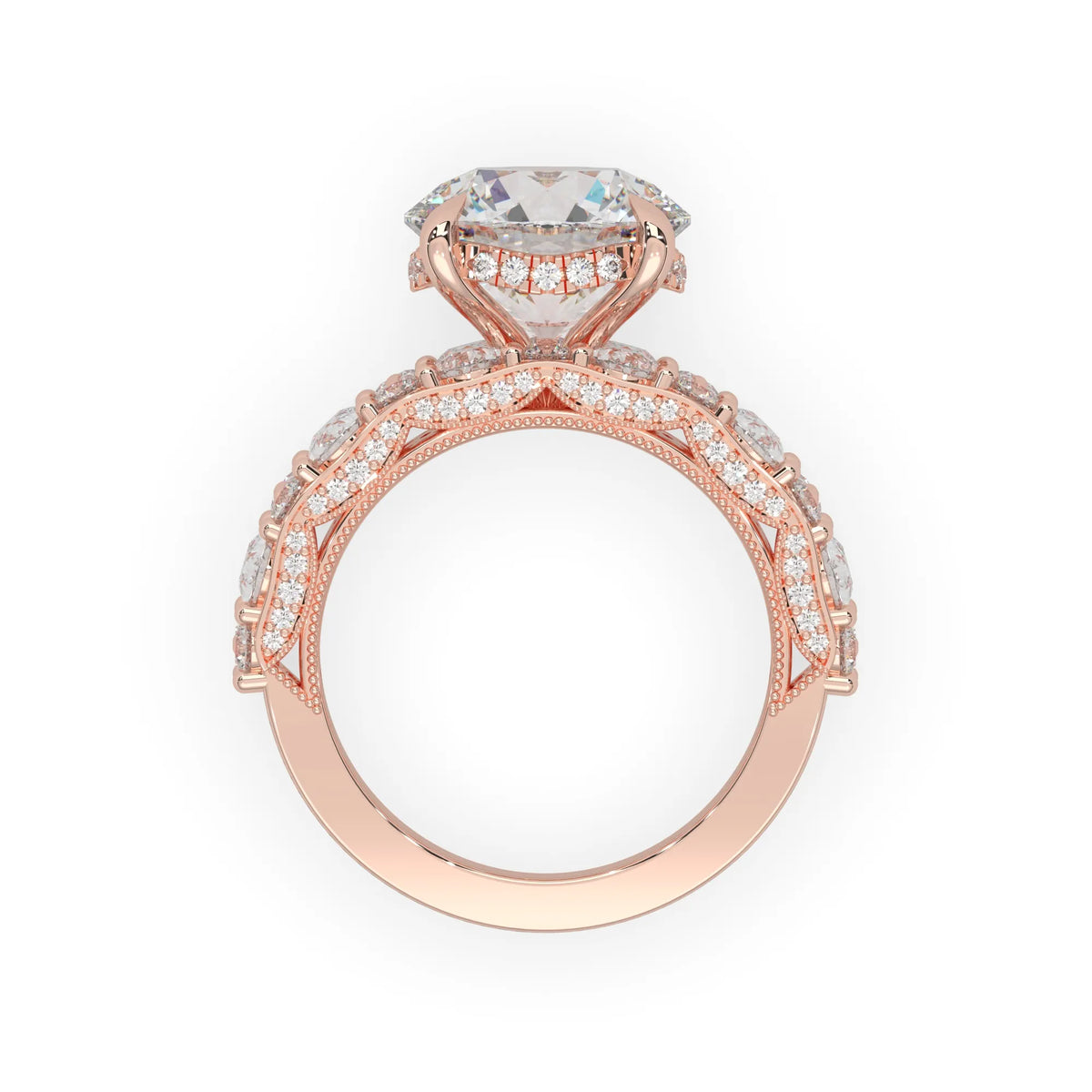 Round hidden halo vintage pave lab grown diamond engagement ring with 5 carat center diamond in rose gold