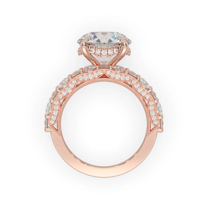 Round hidden halo vintage pave lab grown diamond engagement ring with 5 carat center diamond in rose gold