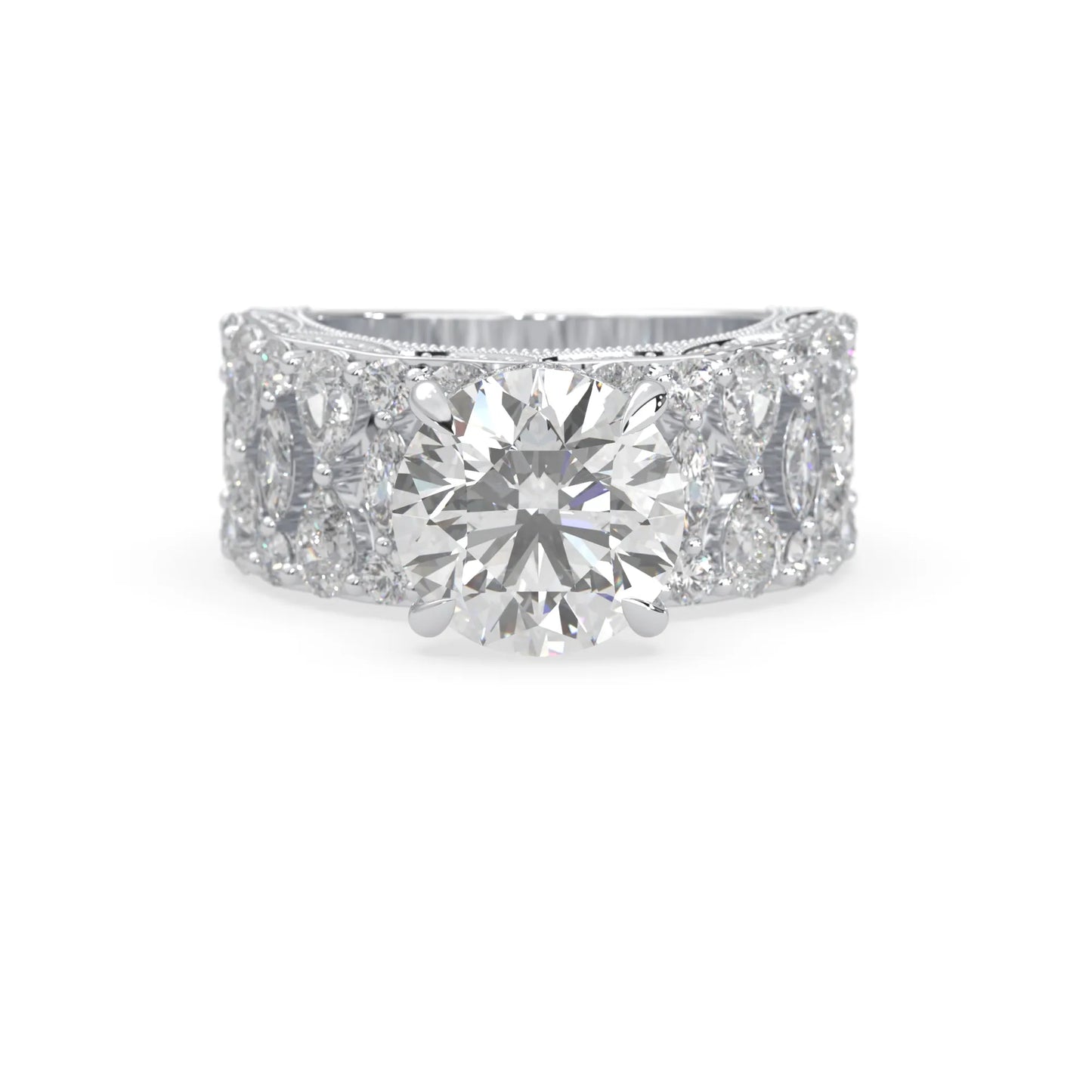 Round hidden halo vintage pave lab grown diamond engagement ring with 5 carat center diamond in white gold