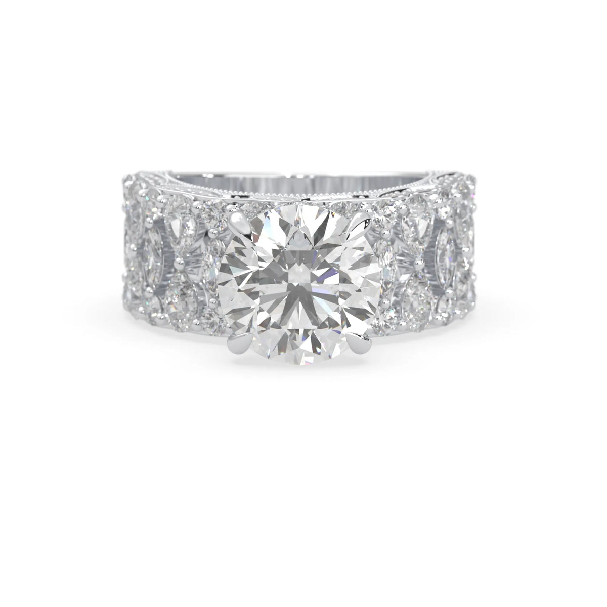 Round hidden halo vintage pave lab grown diamond engagement ring with 5 carat center diamond in white gold
