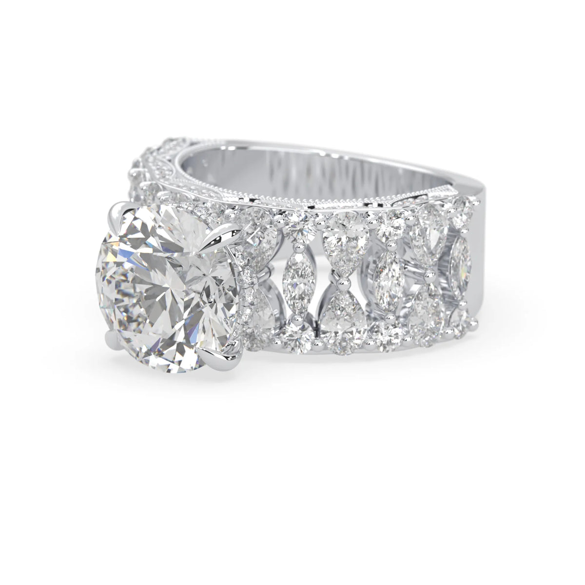 Round hidden halo vintage pave lab grown diamond engagement ring with 5 carat center diamond in white gold