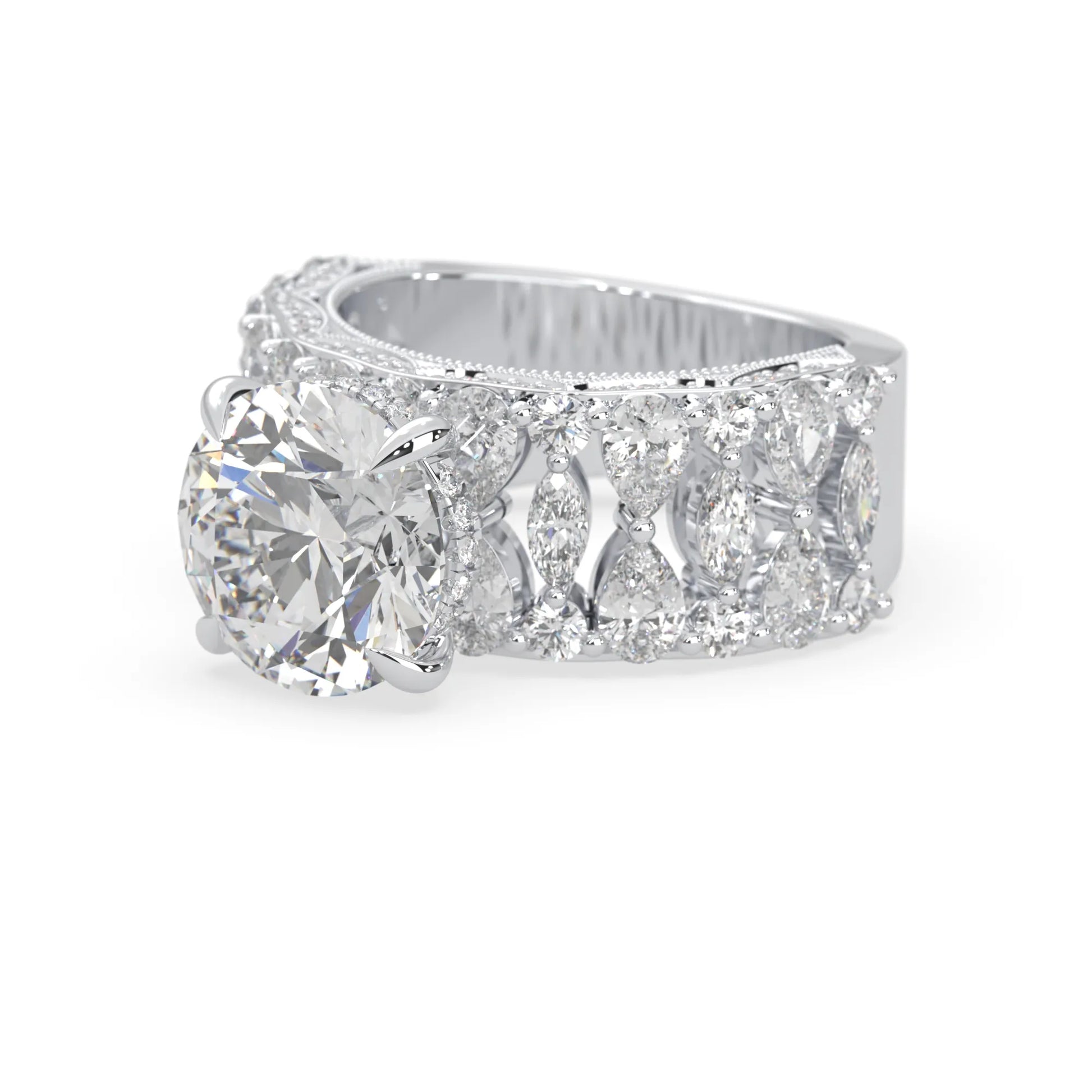 Round hidden halo vintage pave lab grown diamond engagement ring with 5 carat center diamond in white gold