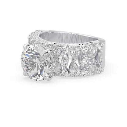 Round hidden halo vintage pave lab grown diamond engagement ring with 5 carat center diamond in white gold