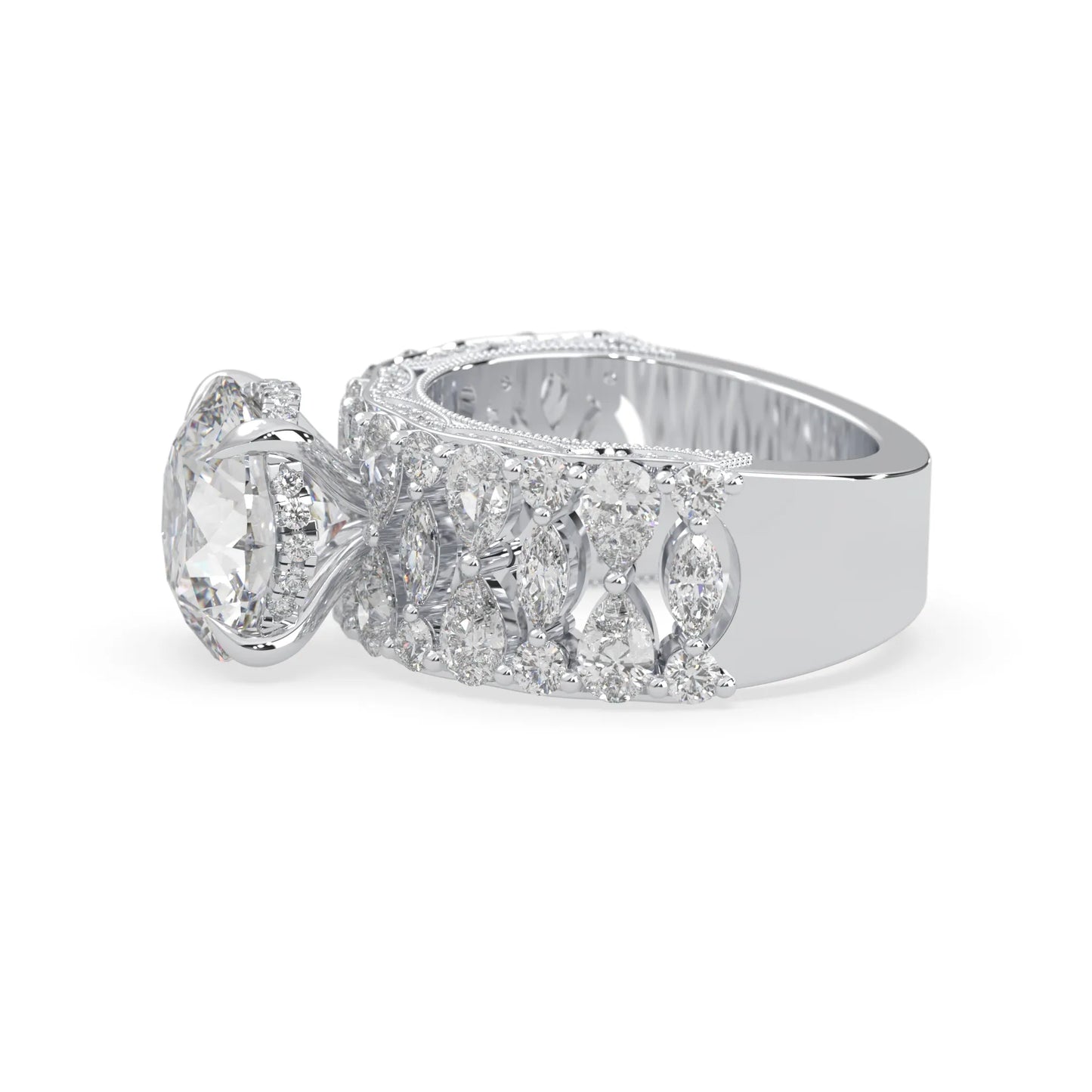 Round hidden halo vintage pave lab grown diamond engagement ring with 5 carat center diamond in white gold