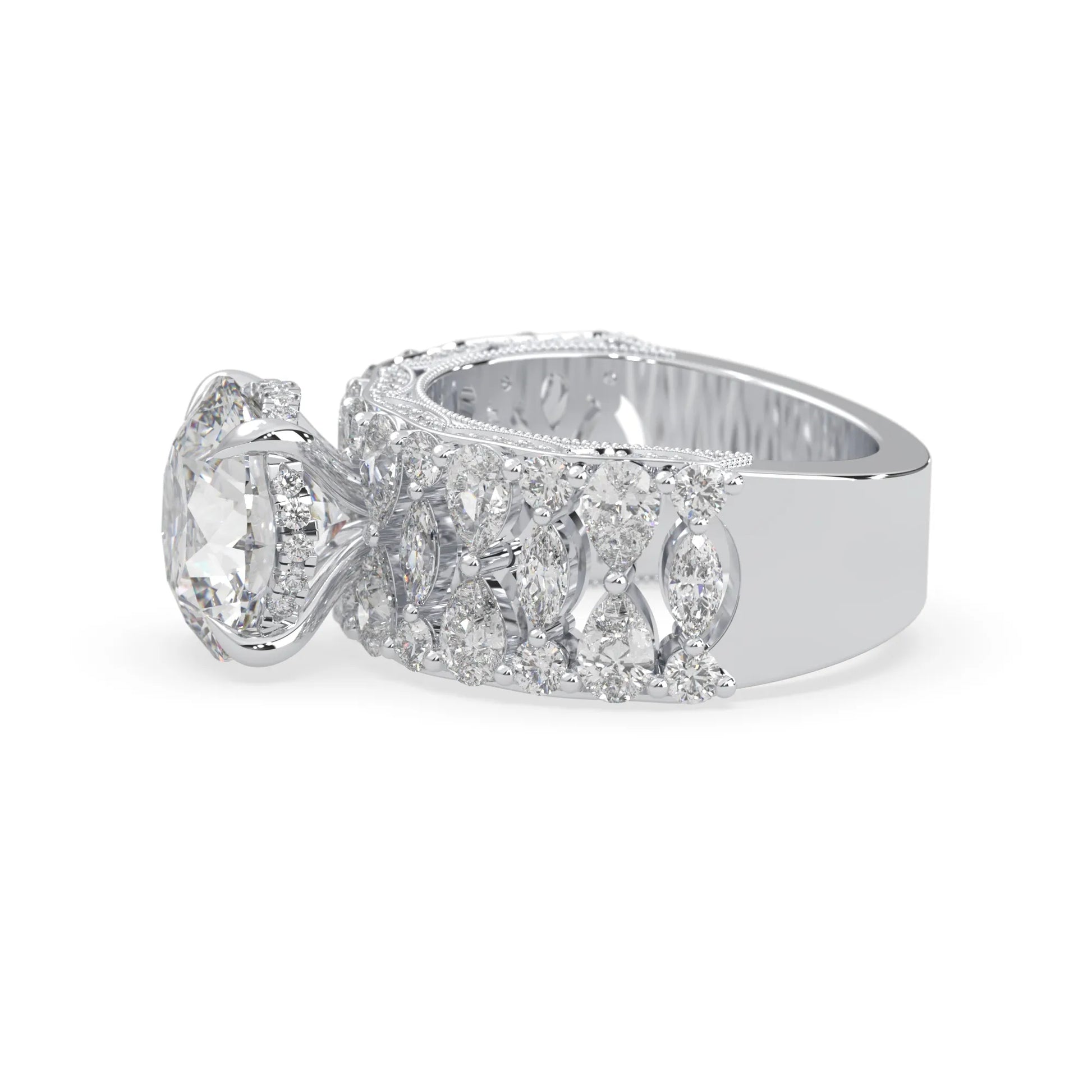Round hidden halo vintage pave lab grown diamond engagement ring with 5 carat center diamond in white gold