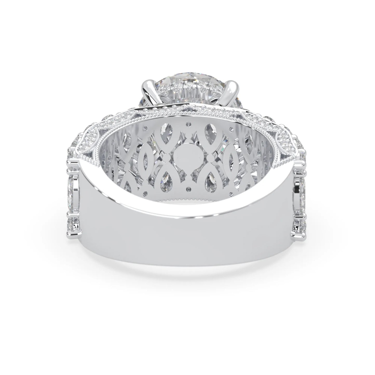 Round hidden halo vintage pave lab grown diamond engagement ring with 5 carat center diamond in white gold