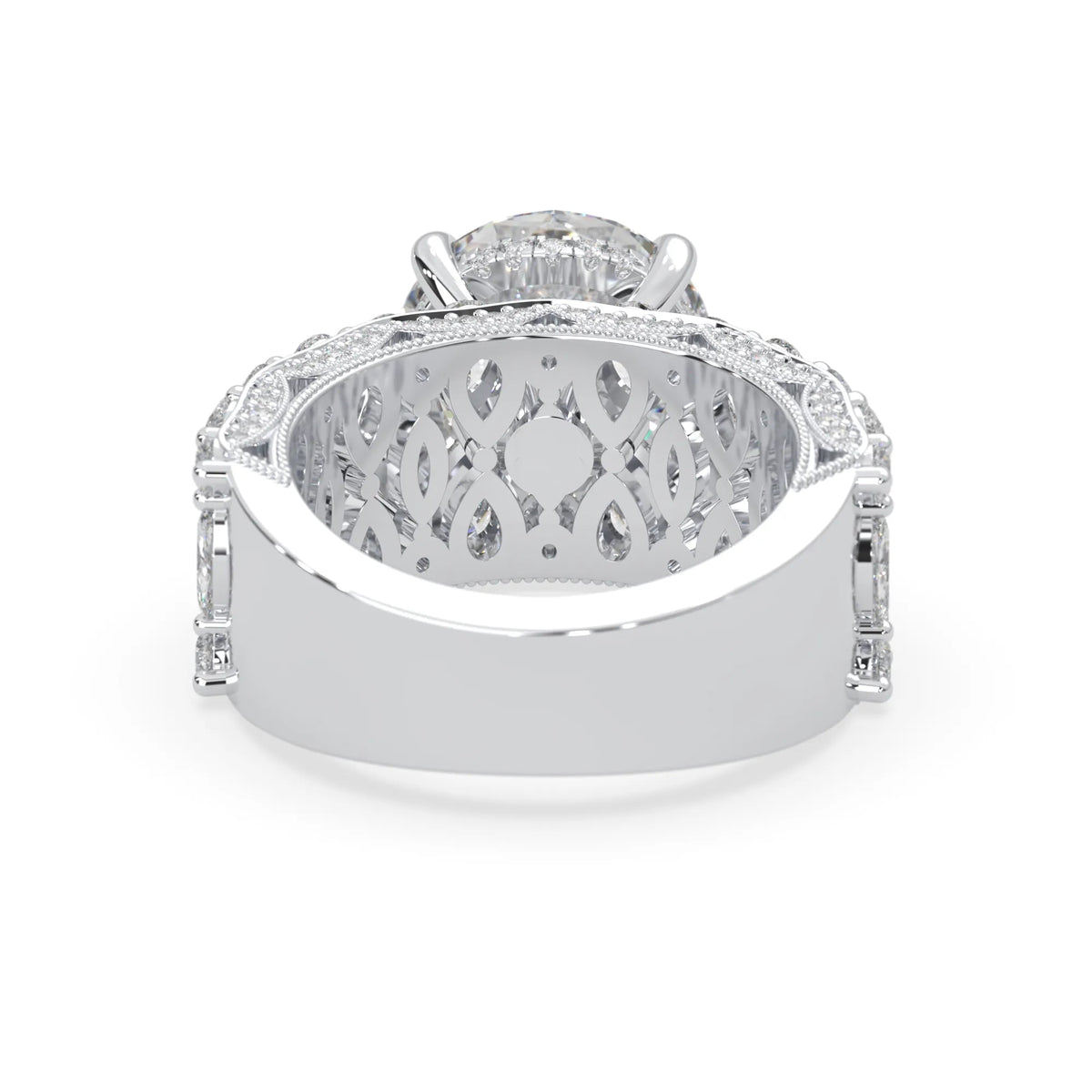Round hidden halo vintage pave lab grown diamond engagement ring with 5 carat center diamond in white gold