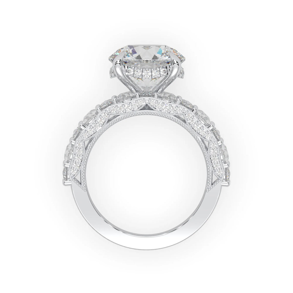 Round hidden halo vintage pave lab grown diamond engagement ring with 5 carat center diamond in white gold