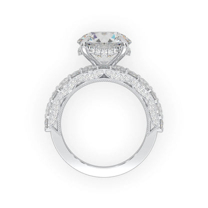 Round hidden halo vintage pave lab grown diamond engagement ring with 5 carat center diamond in white gold