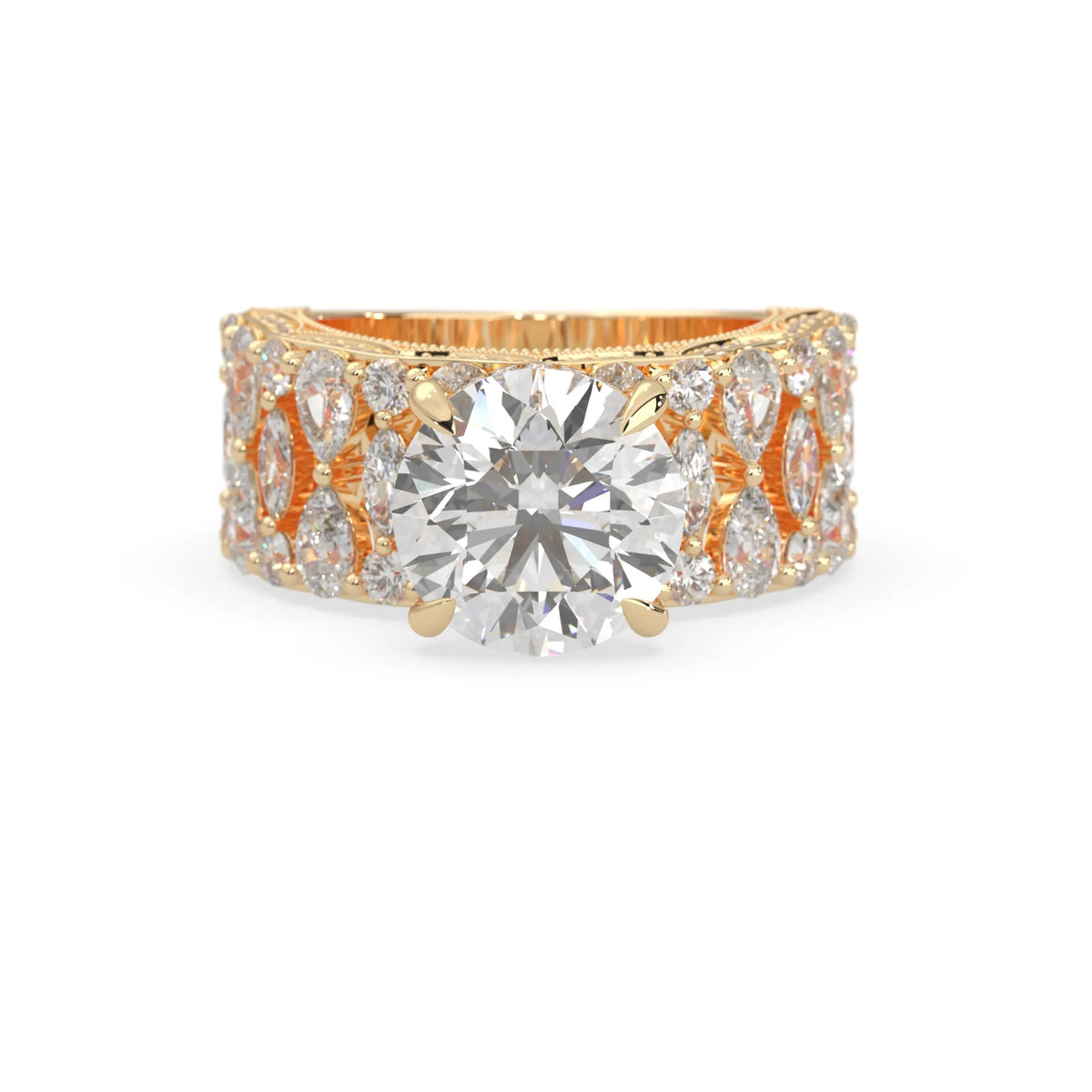 Round hidden halo vintage pave lab grown diamond engagement ring with 5 carat center diamond in yellow gold