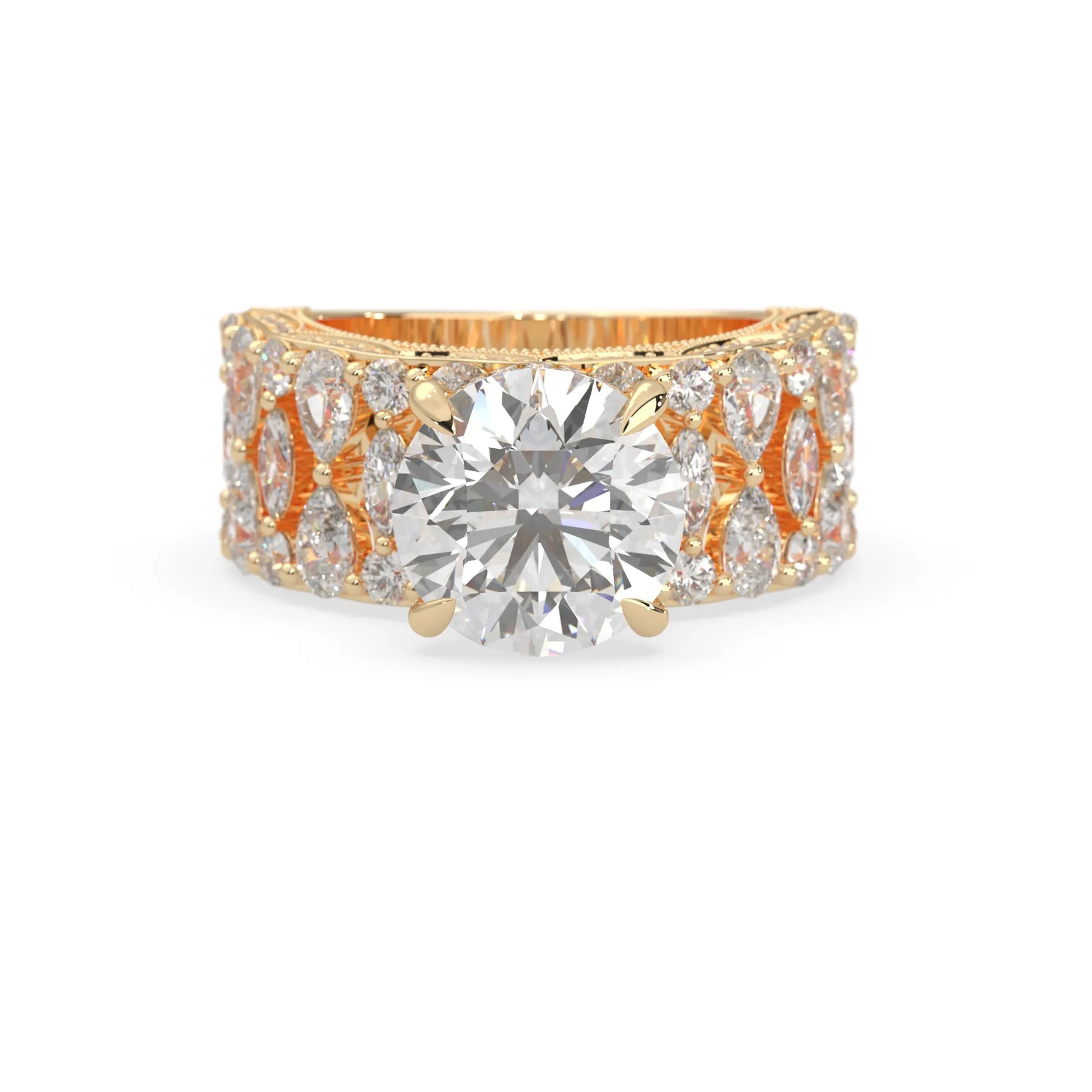 Round hidden halo vintage pave lab grown diamond engagement ring with 5 carat center diamond in yellow gold