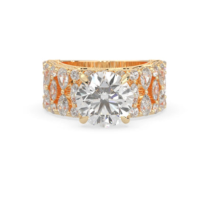 Round hidden halo vintage pave lab grown diamond engagement ring with 5 carat center diamond in yellow gold