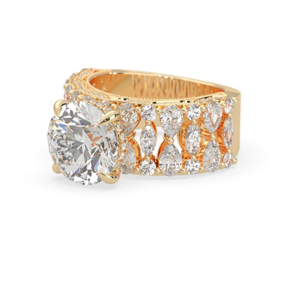 Round hidden halo vintage pave lab grown diamond engagement ring with 5 carat center diamond in yellow gold