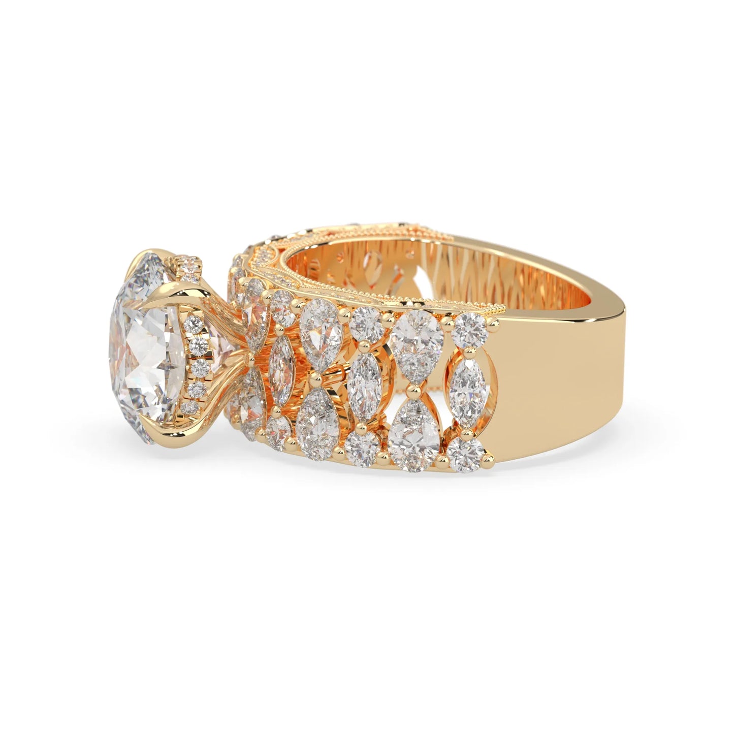 Round hidden halo vintage pave lab grown diamond engagement ring with 5 carat center diamond in yellow gold