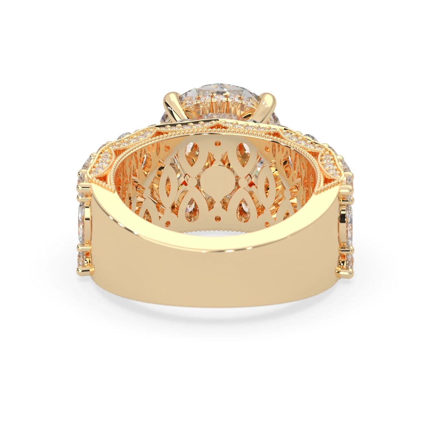 Round hidden halo vintage pave lab grown diamond engagement ring with 5 carat center diamond in yellow gold