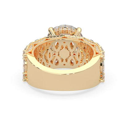 Round hidden halo vintage pave lab grown diamond engagement ring with 5 carat center diamond in yellow gold