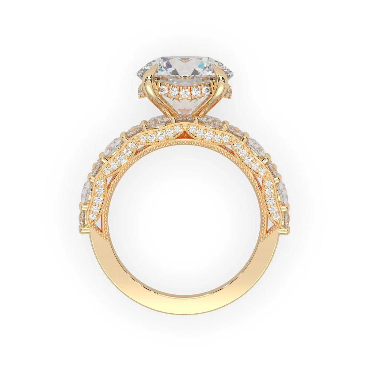 Round hidden halo vintage pave lab grown diamond engagement ring with 5 carat center diamond in yellow gold