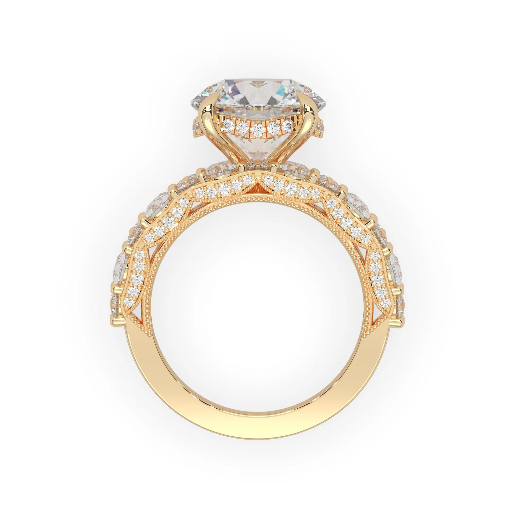 Round hidden halo vintage pave lab grown diamond engagement ring with 5 carat center diamond in yellow gold