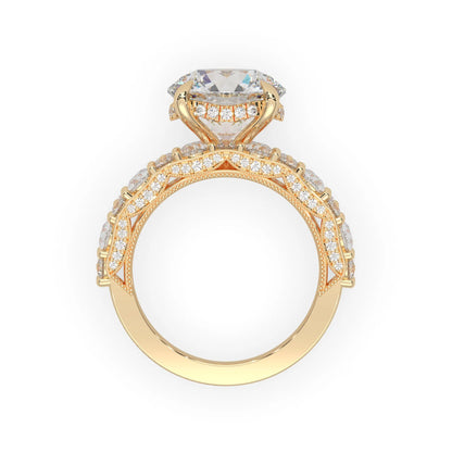 Round hidden halo vintage pave lab grown diamond engagement ring with 5 carat center diamond in yellow gold