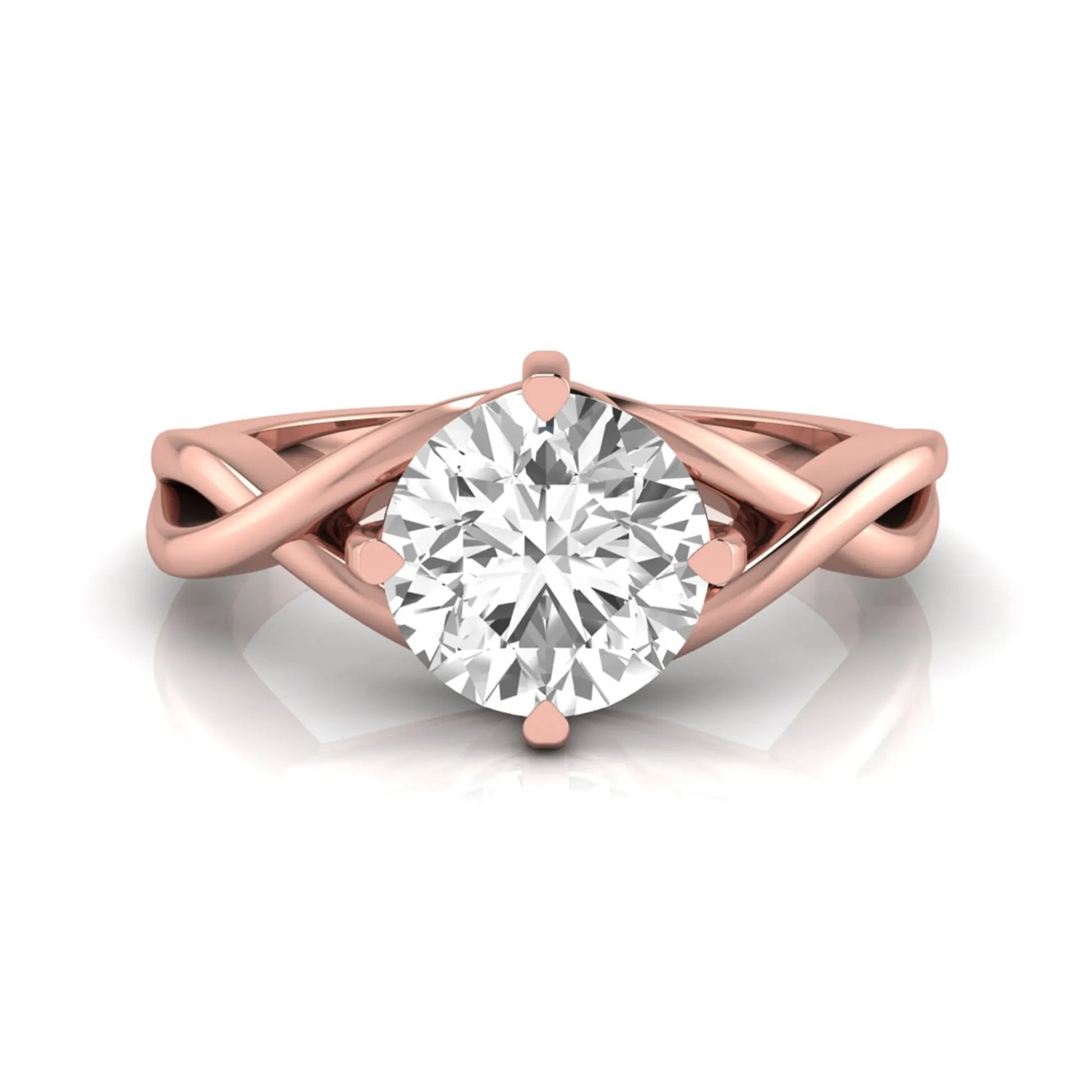 Round cut lab grown diamond engagement ring featuring a four-prong solitaire setting with an infinity-inspired crossover shank and polished rose gold tone band.