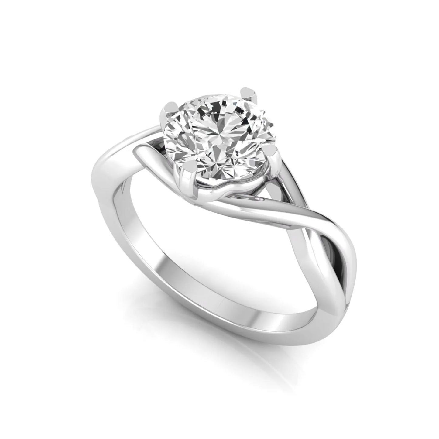 Round cut lab grown diamond engagement ring featuring a four-prong solitaire setting with an infinity-inspired crossover shank and polished white gold tone band.