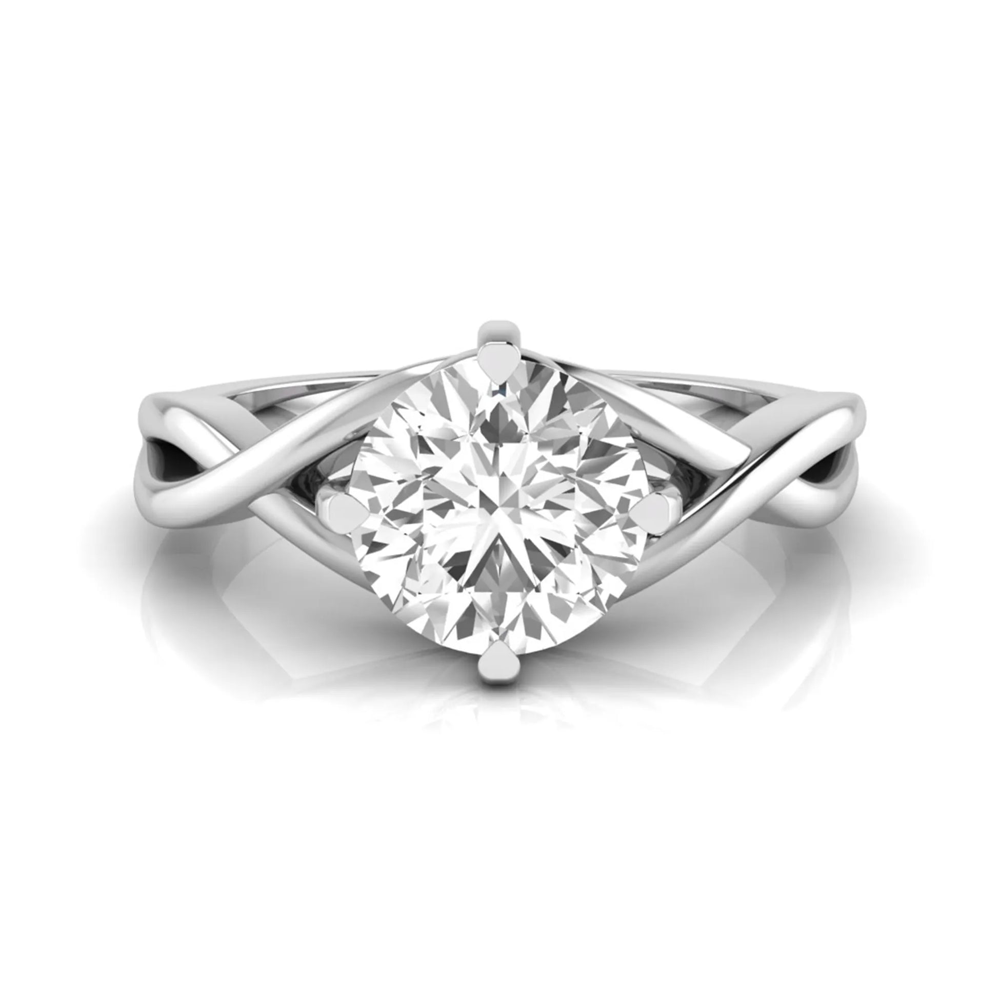 Round cut lab grown diamond engagement ring featuring a four-prong solitaire setting with an infinity-inspired crossover shank and polished white gold tone band.